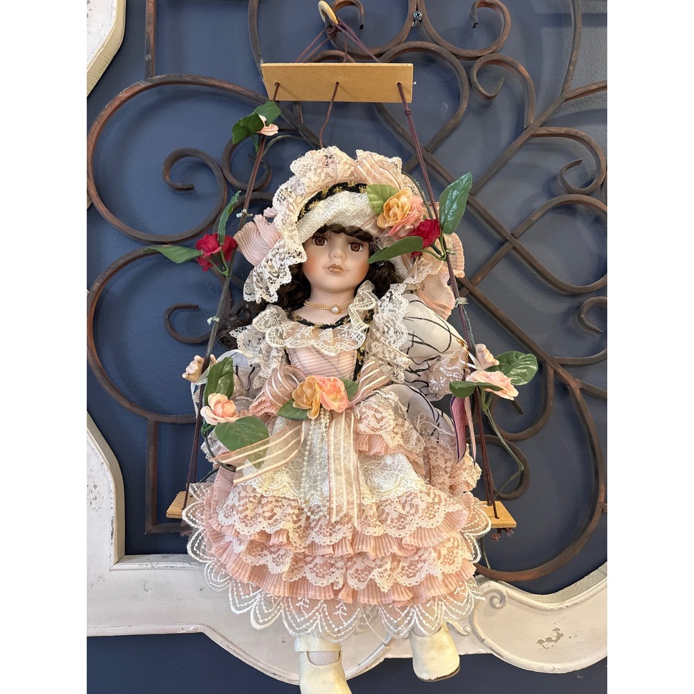 Goldenvale Collection Mary Porcelain Doll on Swing Limited Edition 15 Inch Pink